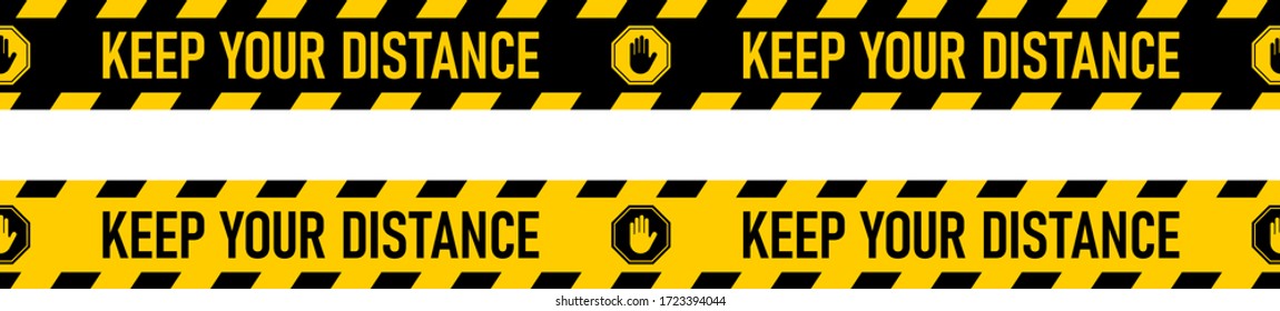 Keep Your Distance Black And Yellow Social Distancing Floor Marking Safety Stripe Tape Icons. Vector Image.