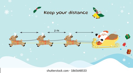 Keep your distance christmas card vector. Santa Claus with reindeers sleigh on a mountains background. Social distance during winter
