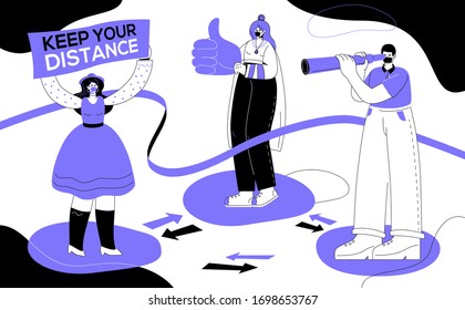 Keep your distance - colorful flat design style illustration. Coronavirus protective measures, recommendation idea. Cute characters, friends or colleagues in face masks staying aside from each other