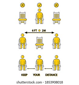 Keep Your Distance. Do Not Sit Here. Forbidden Icon For Seat. 6 Feet Or 2 Meter Social Distancing For Chair Seat. Lockdown Rule. Keep Your Distance When You Are Sitting. Man On The Chair. Vector