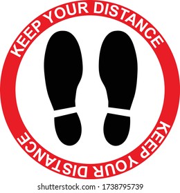 Keep your distance floor shoe mark for standing in queue. Red and black foot print sign vector