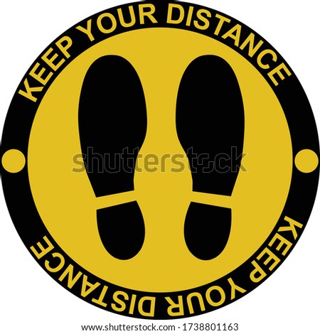 Keep your distance floor shoe mark for standing in queue. Yellow and black foot print sign vector
