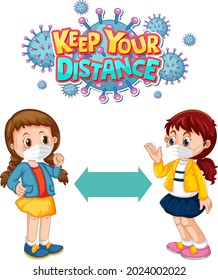 Keep Your Distance font in cartoon style with two children keeping social distance isolated on white background illustration