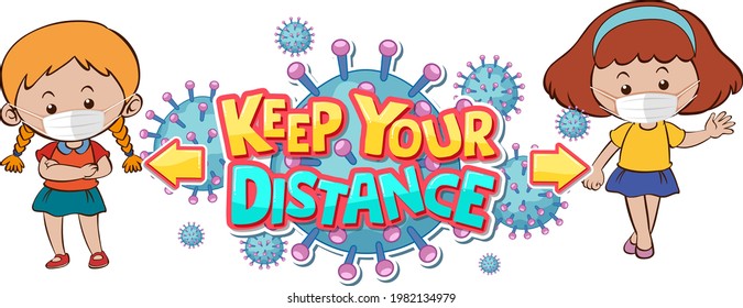 Keep your distance font design with two kids keeping social distance isolated on white background illustration