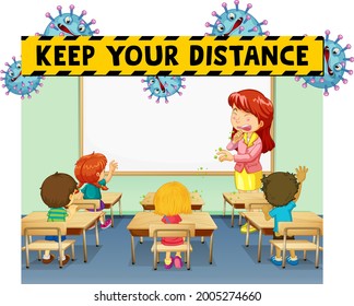Keep your distance font design with classroom scene illustration