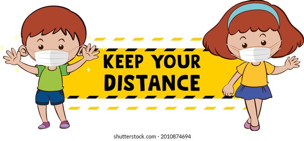 Keep your distance font design with two kids keeping social distance isolated on white background illustration