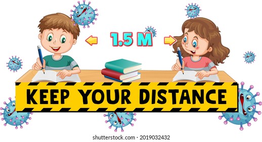 Keep your distance font design with two kids keeping social distance isolated on white background illustration