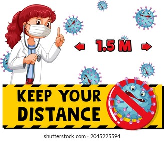 Keep your distance font design with a female wearing medical mask isolated on white background illustration