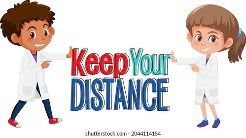 Keep your distance font with doctors cartoon character illustration