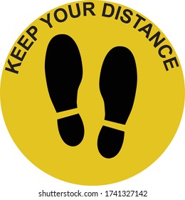 Keep Your Distance footprint floor mark for standing in line or queue, black and yellow vector