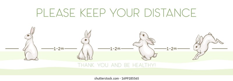 Рlease keep your distance, good as a poster for use in public places. Cute animals, friendly messages. Vector illustration