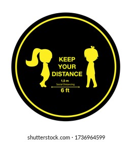 Keep Your Distance at Least 1,5 Metres Or 6 feet Icon. Round Social Distancing Instruction Sticker Icon. Vector Image
