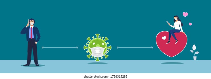 Keep your distance, love a guy with a girl talking on the phone. Viral disease of the coronavirus COVID-19. on a blue background. The 2019 COV epidemic. Danger human health people, Vector illustration