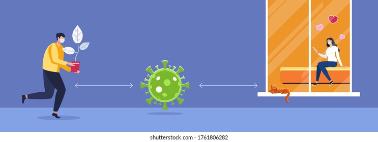 Keep your distance, love a guy with a girl talking on the phone. Viral disease of the coronavirus COVID-19. on a blue background. The 2019 COV epidemic. Danger human health people, Vector illustration