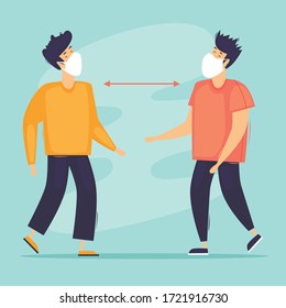 Keep your distance, masked men, virus. Flat design vector illustration.