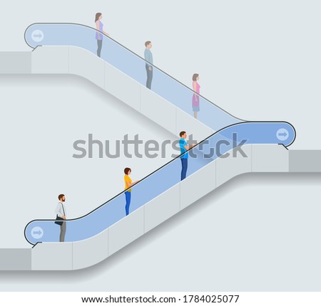 Keep your distance on the escalator, epidemic Covid-19. Social Distancing. Wearing a surgical protective Medical mask for prevent virus Covid-19