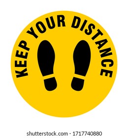 Keep Your Distance Round Floor Marking Icon with Text and Shoeprints for Queue Line or Other Purposes Requiring Social Distancing. Vector Image.