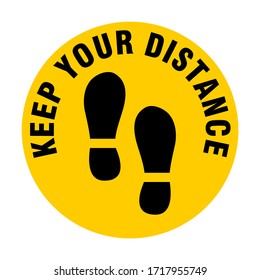 Keep Your Distance Round Floor Marking Icon with Text and Shoeprints for Queue Line or Other Purposes Requiring Social Distancing. Vector Image.