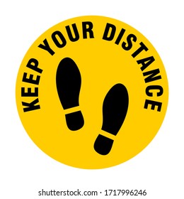 Keep Your Distance Round Floor Marking Icon with Text and Shoeprints for Queue Line or Other Purposes Requiring Social Distancing. Vector Image.