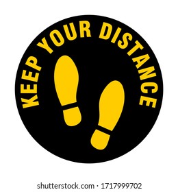 Keep Your Distance Round Floor Marking Icon with Text and Shoeprints for Queue Line or Other Purposes Requiring Social Distancing. Vector Image.