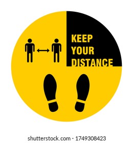 Keep Your Distance Round Floor Marking Sticker Icon with Shoe Prints for Queue Line or Other Purposes Requiring Social Distancing. Vector Image.