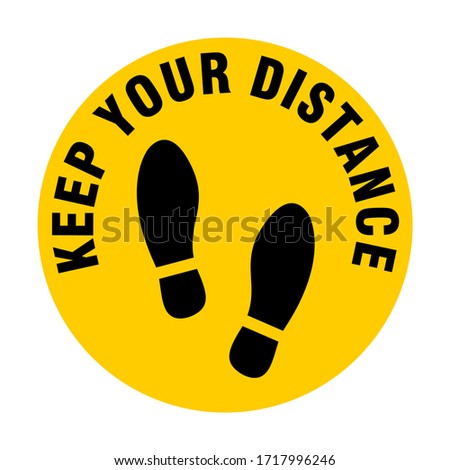 Keep Your Distance Round Floor Marking Icon with Text and Shoeprints for Queue Line or Other Purposes Requiring Social Distancing. Vector Image.