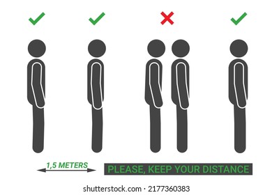 Mantén tu señal de distancia. Ilustración vectorial de iconos de personas parados en línea con intervalo de 1.5 metros entre ambos. Prohibido acercarse el uno al otro. Íconos de gente de pie de perfil.