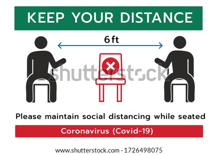 Keep your Distance sign,Social distancing,Please do not sit here to prevent from Coronavirus or Covid-19 pandemic,6 Feet social distancing for chair seat 商業照片 © 