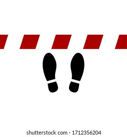 Keep Your Distance Social Distancing Stand Here Security Stripe and Shoeprints Floor Marking Instruction Icon. Vector Image.