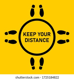 Keep Your Distance Social Distancing Icon with a Ring, Shoe Prints and Text. Vector Image.