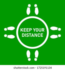 Keep Your Distance Social Distancing Icon with a Ring, Shoe Prints and Text. Vector Image.