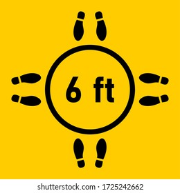Keep Your Distance Social Distancing 6 Feet Icon with a Ring and Shoe Prints. Vector Image.