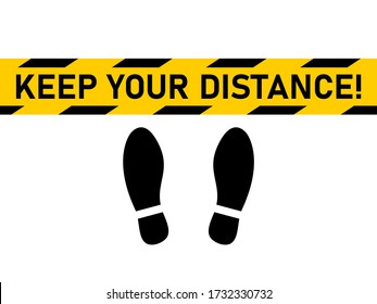 Keep Your Distance Social Distancing Floor Marking Security Stripe Tape and Shoeprints Instruction Icon. Vector Image.