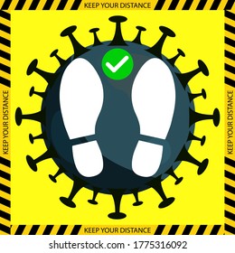 Keep Your Distance. Social Distancing Covid19 Corona virus Traffic Sign Round Style.  Keep a Safe Distance of 6 ft or 6 Feet 2 m or 2 Metres Sticker Badge Instruction Icon. Vector Image.