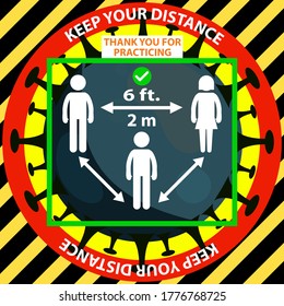 Mantén Tu Distancia. Signo de distanciamiento social. Mantener una distancia segura de 6 pies o 6 pies 2 m o 2 metros Ícono de instrucción de marca de pegatinas. Imagen vectorial.