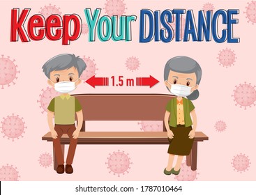 Keep your distance or social distancing with old people cartoon character illustration