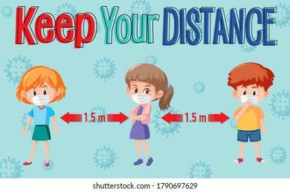 Keep your distance or social distancing sign with children cartoon characters illustration