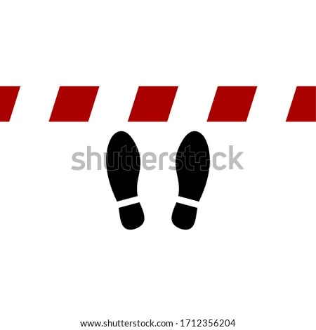 Keep Your Distance Social Distancing Stand Here Security Stripe and Shoeprints Floor Marking Instruction Icon. Vector Image.