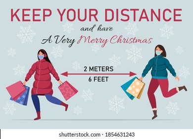 Keep Your Distance. Social distance during Christmas Holiday. Merry Christmas and Happy New Years. Christmas new normal concept with man and woman in protective masks.