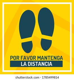 Keep your distance in Spanish. To mark the distance between customers at the checkout and in other public places. Protection from coronavirus. Yellow Square Stickers for public places.