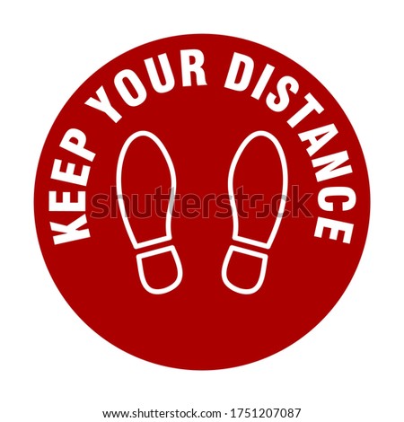 Keep Your Distance or Stand Here Round Floor Marking Sticker Icon with a Pair of Shoeprints or Footprints Icon. Vector Image.