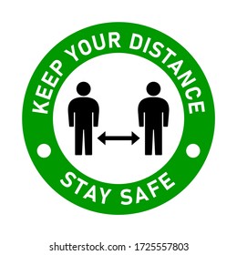 Keep Your Distance and Stay Safe Green Round Social Distancing People Floor Marking Icon For Queue Line or T-Shirt Print. Vector Image.