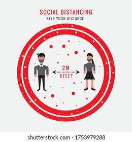 Keep Your Distance Stay Safe Social Distancing Traffic Sign Style Round Keep a Safe Distance of 6 ft or 6 Feet 2 m or 2 Metres Sticker Badge Instruction Icon