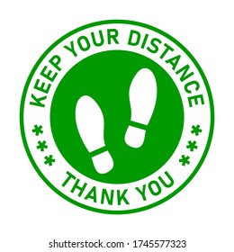 Keep Your Distance Thank You Round Social Distancing Floor Marking Sticker Icon with Shoeprints For Queue Line. Vector Image.
