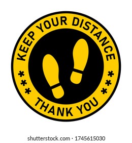 Keep Your Distance Thank You Round Social Distancing Floor Marking Sticker Icon with Shoeprints For Queue Line. Vector Image.