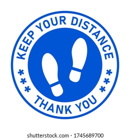 Keep Your Distance Thank You Round Social Distancing Floor Marking Sticker Icon with Shoeprints For Queue Line. Vector Image.