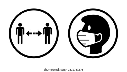 Keep Your Distance and Wear a Face Mask Round Instruction Icon Set against the Spread of Coronavirus Covid-19. Vector Image.