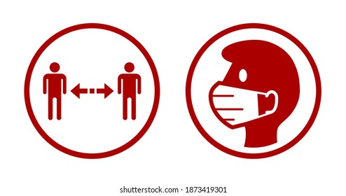 Keep Your Distance and Wear a Face Mask Round Instruction Icon Set against the Spread of Coronavirus Covid-19. Vector Image.