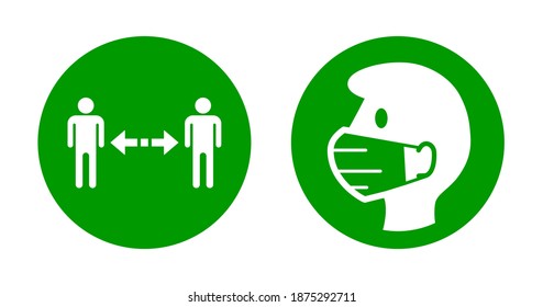 Keep Your Distance and Wear a Face Mask Round Instruction Icon Set against the Spread of Coronavirus Covid-19. Vector Image.