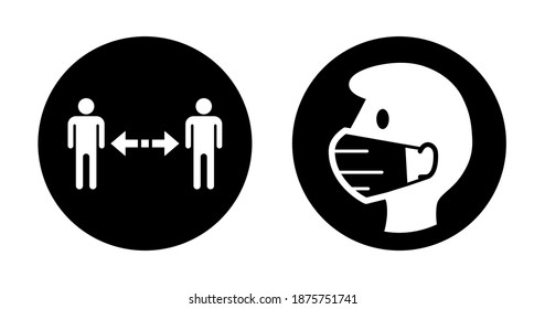 Keep Your Distance and Wear a Face Mask Round Instruction Icon Set against the Spread of Coronavirus Covid-19. Vector Image.